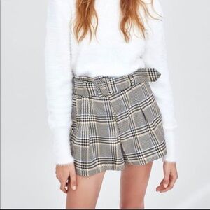 Zara Checkered Plaid Belted Shorts